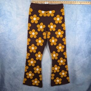 Baevely Brown Yellow Floral Daisy Knit Flare‎ Leg Pants Retro 70s Style Large